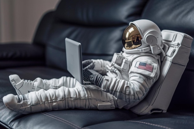 Astronaut zittend op de bank met laptop Generatieve AI