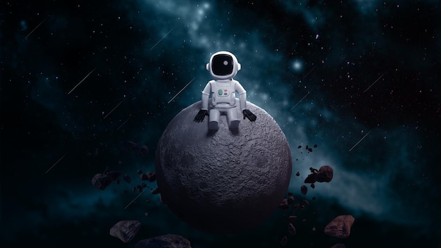 Astronaut zittend op de maan 3D-rendering