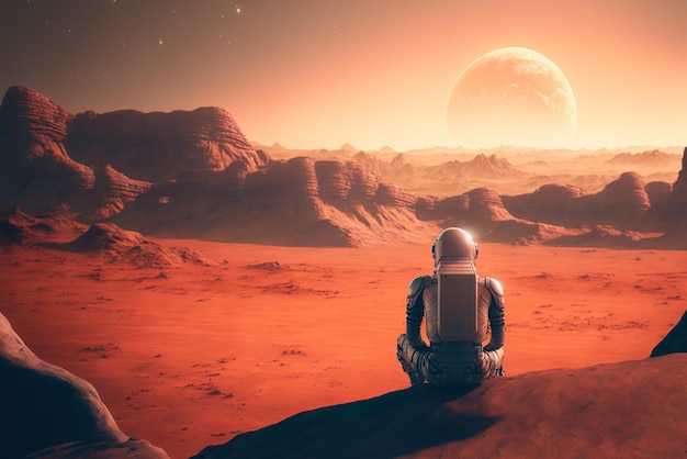 Astronaut zittend op mars de rode planeet Landschap met woestijn en bergen generatieve ai