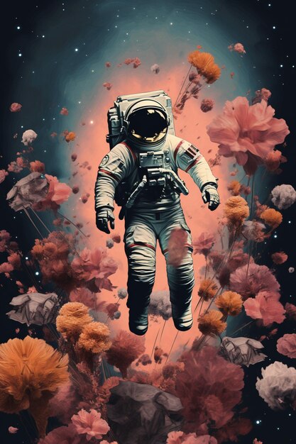 astronaut zwevend in de lucht met bloemen op de achtergrond generatieve ai