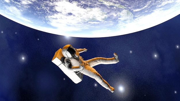 Astronaut zwevend over de aarde 3D-rendering