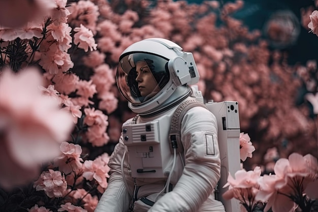 Astronaut zwevend tussen bloeiende bloemen in futuristische botanische tuin gemaakt met generatieve AI