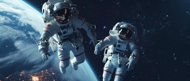 Astronauten drijven in de uitgestrektheid van de ruimte een visuele metafoor voor verkenning teamwerk en de menselijke geest