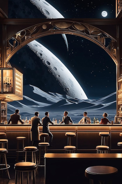 astronauten in een bar op de maan in art deco stijl hoge contrast verlichting donkere hemel