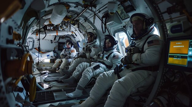 Astronauten in een ruimteschip ze dragen ruimtepakken en zitten in stoelen het ruimteschip is krap en er is veel apparatuur