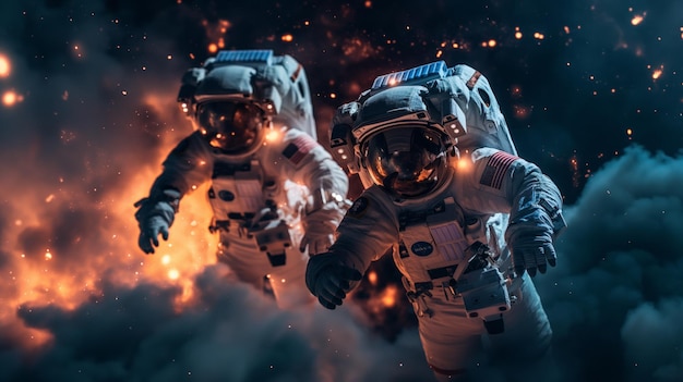 Astronauten in ruimtetuigen voeren experimenten uit in kosmische verkenning bij nul zwaartekracht