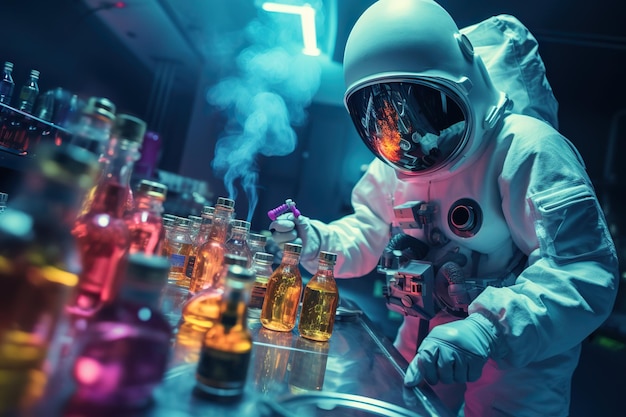 astronauten met ruimtehelmen die distillaten mengen in vape cartridges in het laboratorium