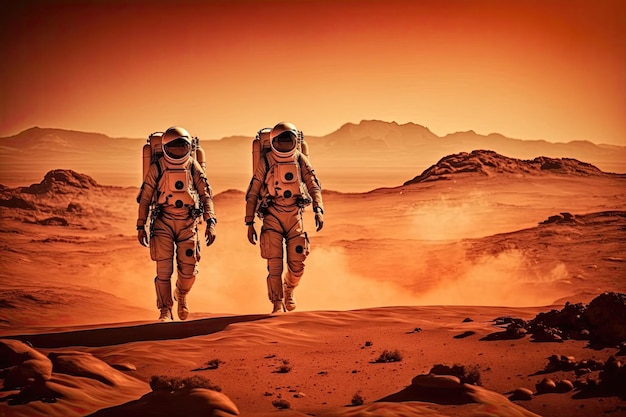 Astronauten op Mars in ruimtepakken lopen door de Marswoestijn Studies van de rode planeet Generatieve AI