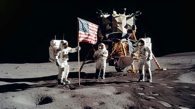 Astronauten zetten de vlag van Amerika op de maan.