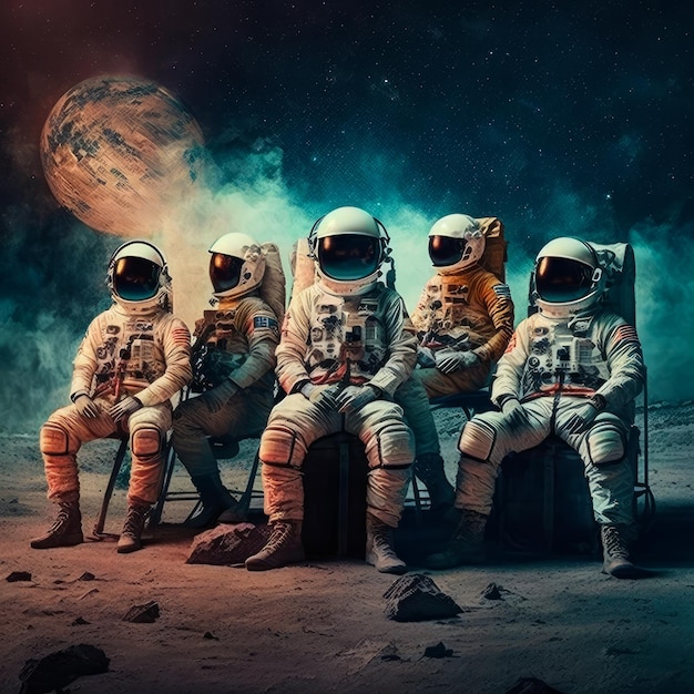 Astronauten zittend op stoelen voor de maan Generatieve AI