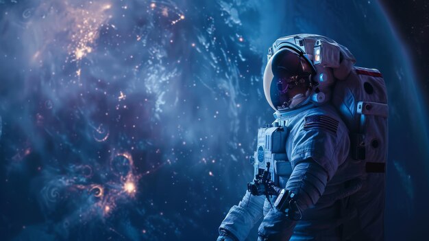 Astronauten zweven rustig in de ruimte met het silhouet van de aarde achter zich.