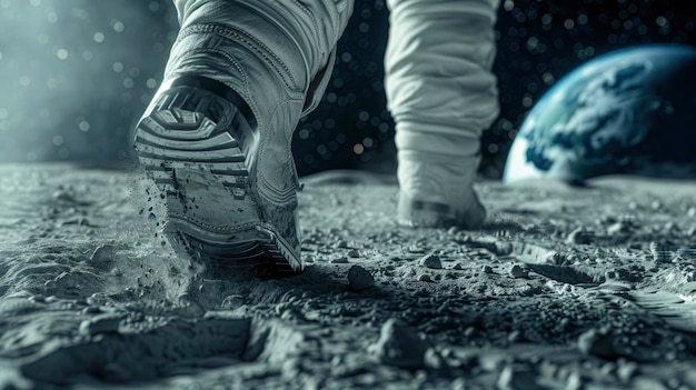 Photo astronauts boot on the moon with earth in the background