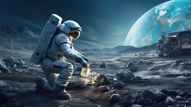 宇宙飛行士が月面でゴミを掃除して環境に優しい行動を示す