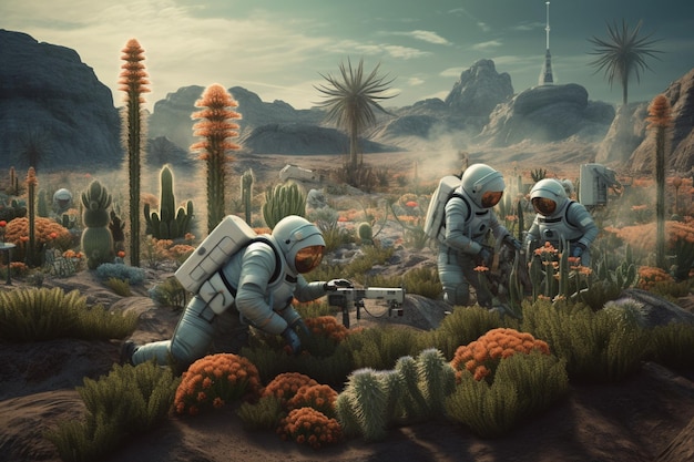 Astronauts in a desert with a tree in the background