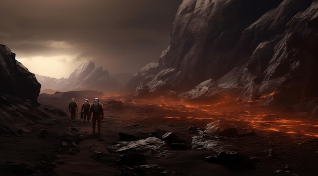 Astronauts exploring a volcanic planet