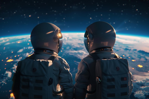 우주 비행사 들 이 지구 를 바라보는 옥타인 렌더 k UHD
