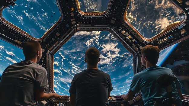 Photo astronauts looking out the window of the international space station