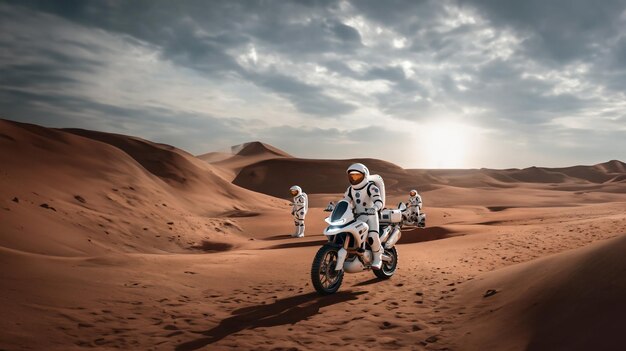 Astronauts on mars explore the planet on motorcycles in spacesuits