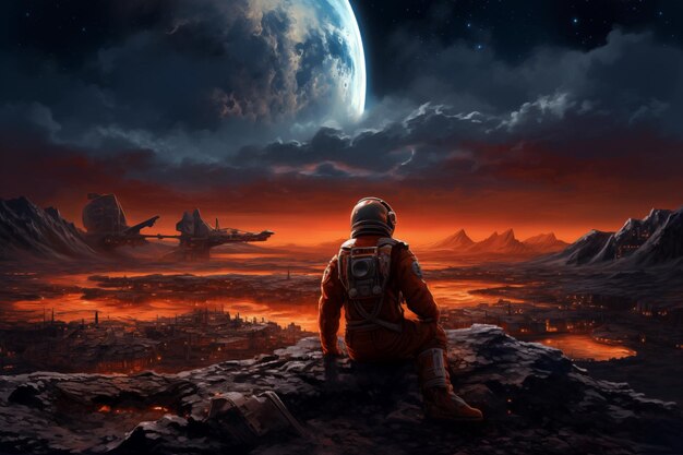 火星の宇宙飛行士 赤い世界の赤い風景を探索する宇宙旅行者