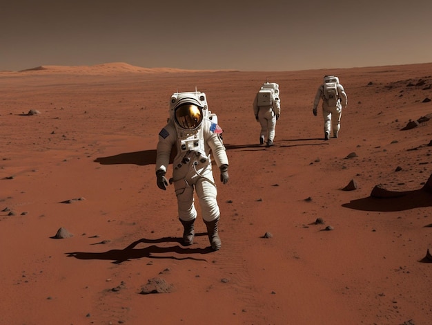 Astronauts on mars spacemen walking on red planet
