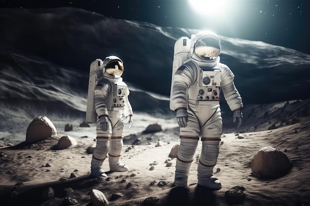 Astronauts on the moon with a moon in the background