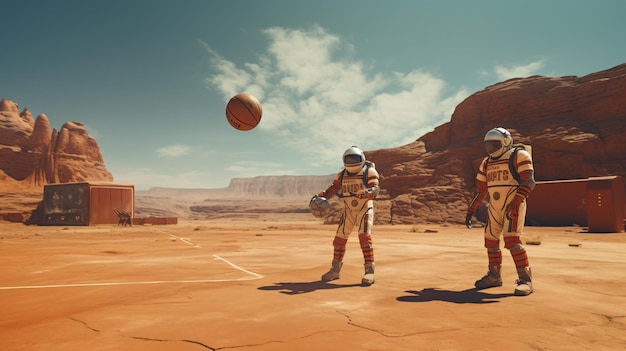 Astronauts playing basketball on mars