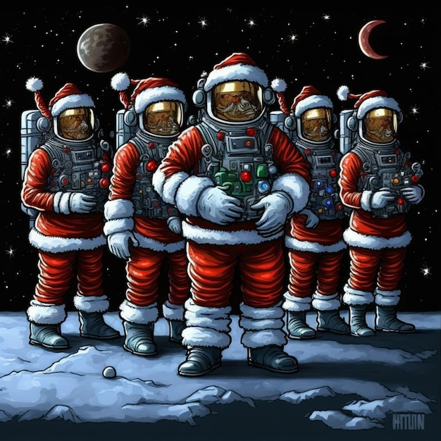 astronauts in santa suits standing on a snowy surface with a moon in the background generative ai