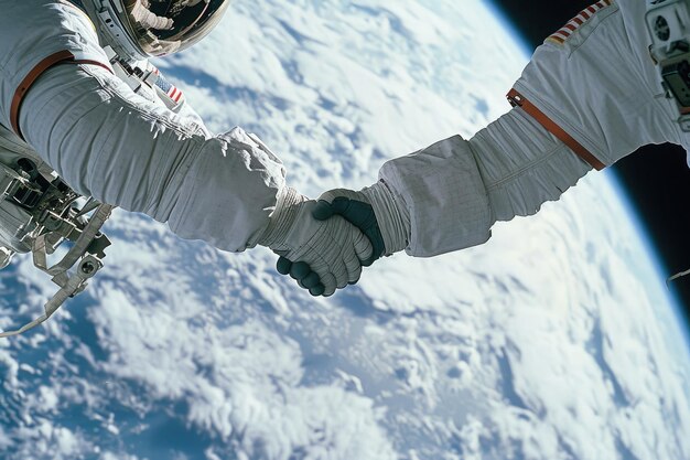 Photo astronauts shaking hands in space