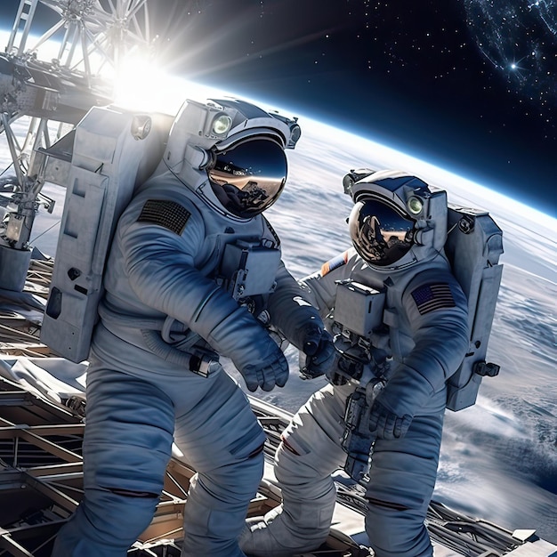 Astronauts in space around the solar battareiincredibly detailedPicture resolution Generative AI illustration