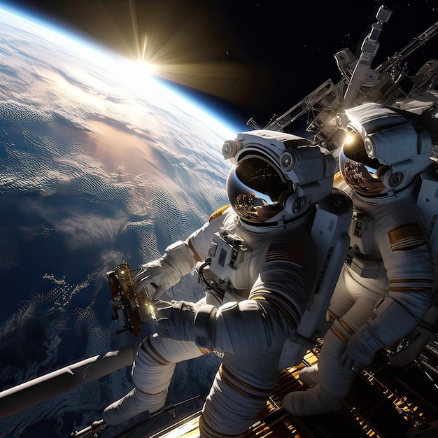 Astronauts in space around the solar battareiincredibly detailedPicture resolution Generative AI illustration