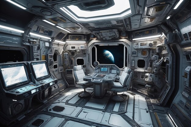 우주 비행사 우주 정거장 게임  내부 모형과 빈 복사 공간
