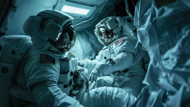 Foto astronauti in tuta spaziale che conducono esperimenti in esplorazione cosmica a gravità zero