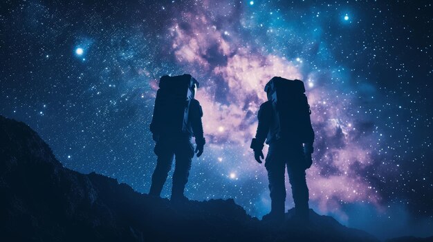 Astronauts on a spacewalk silhouetted against the backdrop of the cosmos