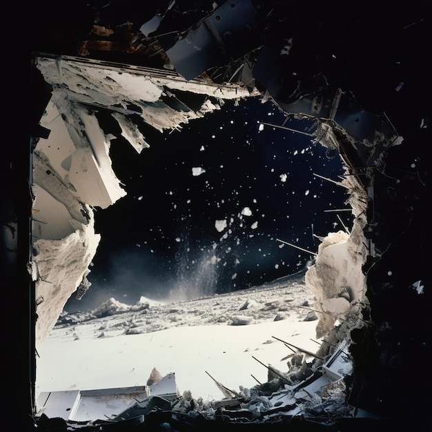 宇宙飛行士が吹き飛ばされた窓から月を見る