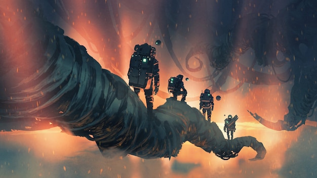 astronauts walking on giant trees in alien planet, digital art style, illustration painting