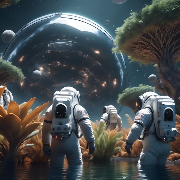 astronauts walking through water with plants and trees ai generative