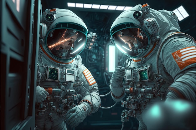 Астронавты, работающие в космосе на футуристической технологии космической станции Генеративный ИИ Генеративный ИИ