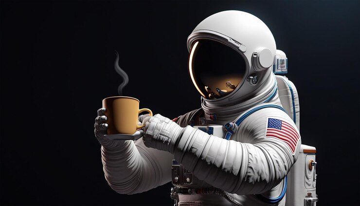 AstronautwithacupofcoffeeVectorillustrationondarkshapebackgroundwith hot coffee