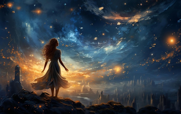 Astronomer Woman and the Enchanting Starry Night Generative AI