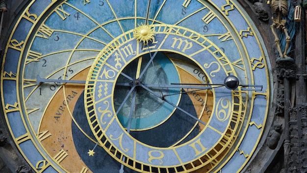 Astronomical Clock Tower detail in Old Town of Prague, Czech Republic. Astronomical clock was created in 1410 by the watchmaker Mikulas Kadan and mathematician-astronomer Jan Schindel.