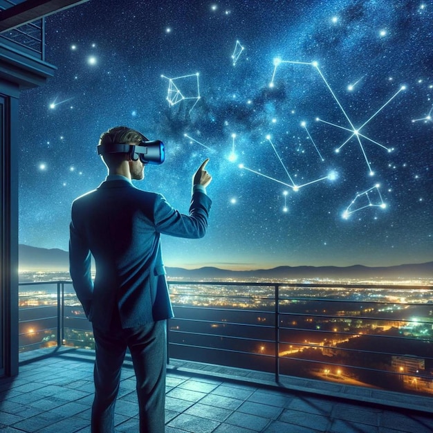 Photo astronomical exploration with virtual reality overlooking cityscape at night