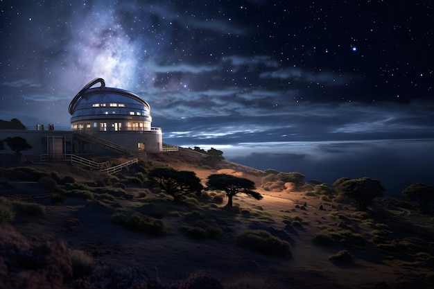 астрономическая обсерватория, расположенная на вершине отдаленной горы под звездным ночным небом