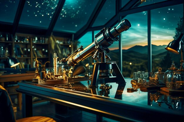 Astronomical telescope against the backdrop of a research observatory