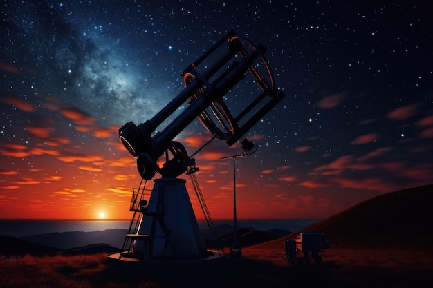 Foto astronomisch observatorium op de achtergrond van de sterrenhemel een grote astronomische telescoop onder een schemeringhemel klaar voor sterrenkijken ai gegenereerd