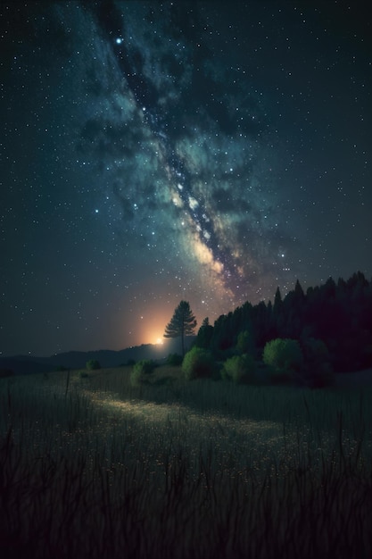 Звезды астрономического созвездия и млечный путь на ночном небе, созданные с использованием генеративной технологии искусственного интеллекта