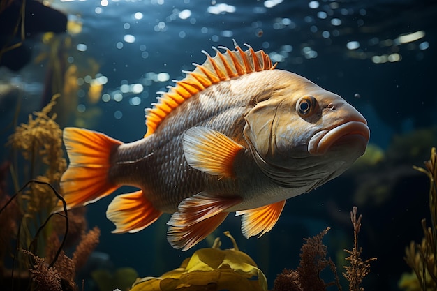 Astronotus vis in het aquarium en algen Zachte schaduwen kijken van binnen F28 ISO 400 heldere gezichtskenmerken cinematische accentverlichting globale verlichting