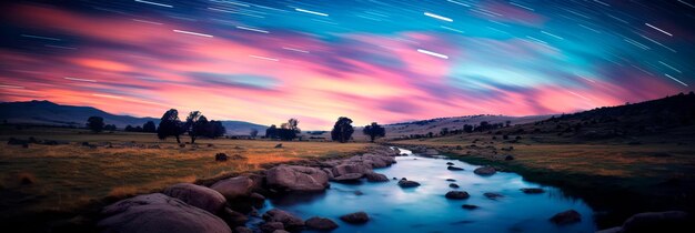 Photo astrophotography with long exposure to capture star trails over a captivating landscape