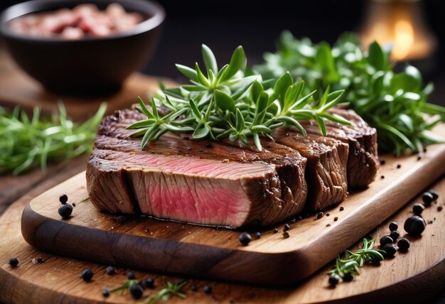 Photo asucculent piece of cooked steak on a rustic wooden cutting board garnished with fresh green herbs