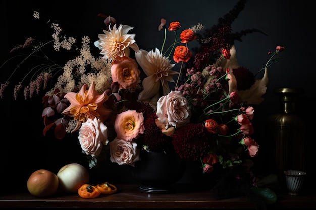 Asymmetrical vase arrangement with bold and unconventional blooms created with generative ai