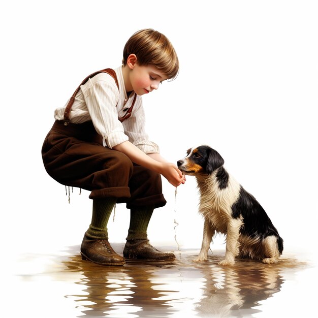 写真 ビーチで子犬を持った少年